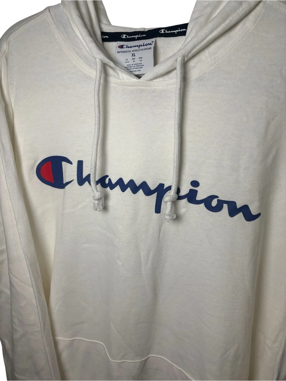 Champion Hoodie XL White Navy Logo Pullover Sweatshirt NWT Standard Fit